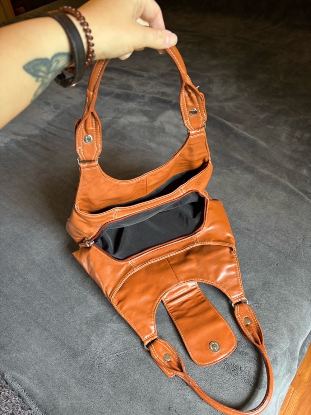 Women’s St John’s Bay Brown Faux Leather Studded Shoulder Bag, spotless inside - Picture 8 of 11